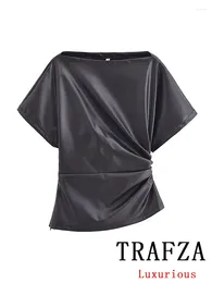 Women's T Shirts TRAFZA Vintage Casual Chic Women Tops Black Solid O-Neck Short Sleeve Fold Loose Top Fashion 2024 Spring Summer Holiday