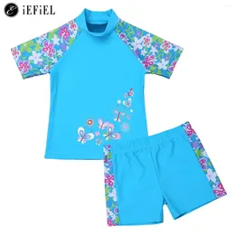 Women's Swimwear Kids Girls 2-Piece Rash Guard Swimsuit Short Sleeve Shirt Top With Bottom Beach Holiday Water Sport Bathing Suit