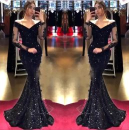 Sparkling Sequins Mermaid Evening Dresses with Long Sleeves Black Off The Shoulder Tulle Lace Appliqued Prom Party Gowns Arabic Aso Ebi Robe de Soiree BC10799