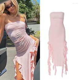 Casual Dresses 2024 Summer Tube Sexy Dress Women Elegant Y2K Pink Streetwear Festival Outfit Fishtail Skirt Womens Party