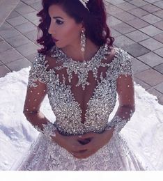 Latest 2019 Luxury Beading Long Sleeve Muslim Wedding Gowns With Long Train Sequined Lace Wedding Dresses Turke Robe De Mariage4125851