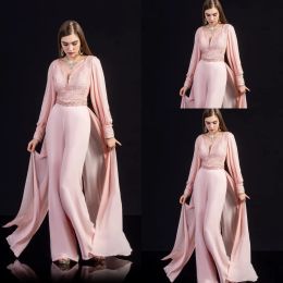 Elegant Mother of the Bride Dresses Chiffon Pants Suit V Neck Long Sleeves Appliques Evening Gowns Floor Length Wedding Guest Dress