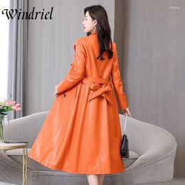 Women's Leather Faux Clothing Outwear Jacket Women M-7XL X-Long Coat Belt Slim Fashion High Quality Mandarin Collar Jackets