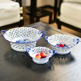 Bowls Ceramic Three-piece Hollowed-out Carved Fruit Bowl Flower Basket Hand-painted Blue And White Ornaments Storage