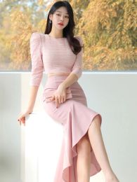 H Han Queen New 2024 Spring Party 2 Piece Sets Women Outfit Short Tops + Mermaid Skirts Korean Mermaid Skirt Set Female Clothing