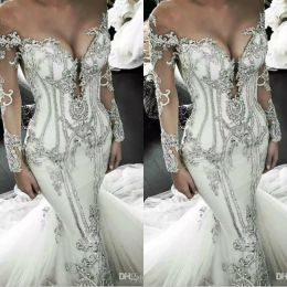 Glamorous Mermaid Wedding Dresses Jewel Crystal Illusion Long Sleeves Bling Bridal Gowns Sweep Train Plus Size Wedding Dress