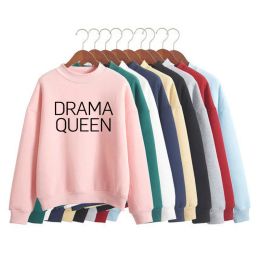Sweatshirts DRAMA QUEEN Print Woman Sweatshirt Sweet Korean Oneck Knitted Pullovers Thick Autumn Winter Candy Colour Loose Women Clothing