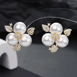 Stud Earrings SENYU Fashion Flower Plant Design Charm Pave Cubic Zirconia Luxury White Bread Pearl Women Party Studs Dubai Jewelry