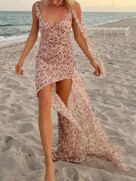 Casual Dresses Women Sexy High Split Long Dress Boho Chic Elegant Floral Print Summer Spaghetti Strap Backless Cocktail Party