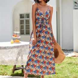 Casual Dresses Sexy Spaghetti Strap Floral Print Boho Maxi Dress Women 2024 Summer Beach Backless Long For Robe Femme