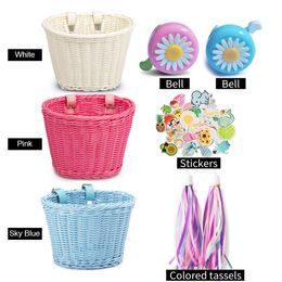 Bike Baskets Rattan Handwoven Cycling Basket Bicycle Front Handlebar Cargo Pannier with Bell Tassel Stickers Kids Cycling Set