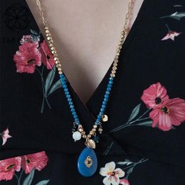 Pendant Necklaces Ethnic Gold Colour Long Neck Chains Necklace With Blue Stones Suspension Pendants VIntage Goth Jewellery For Women Unusual