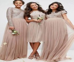 Vintage Blush Champagne Sequins Bridesmaid Dresses Long Sleeve Tulle Cheap Plus Size Country Pleated Formal Prom Dress For Pregnan5372177
