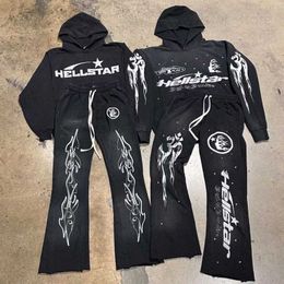 Rock Hip Hop Street Hellstar Hoodies Set Lavato Lettera di fiamma Stampa Pullover con cappuccio da uomo Fedele di grandi dimensioni S-XL T0JL#