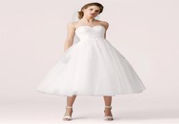 Tea Length Vintage Short Wedding Dresses Strapless Sweetheart Lace Tulle Corset Back Country Western Informal Rustic Bridal Gowns 2026443