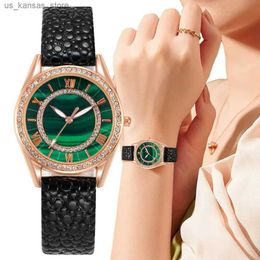 Wristwatches Fashion 2023 Brands Ladies es Luxury With Diamonds Rome Emerald Green Pointer Design Quartz Black Leather Gift Clock240409