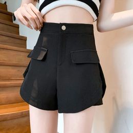 Women Clothing Summer Fashion Elegant High Waist Black Suit Short Pants Office Lady Casual Loose Pockets Irregular Aline Shorts 240409