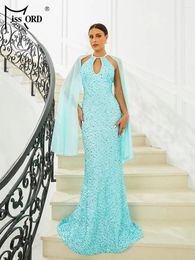 Casual Dresses Missord Sky Blue Wedding Party Dress Elegant 2024 Women Halter Cloak Sleeves Bodycon Mermaid Maxi Prom Evening Long Gown