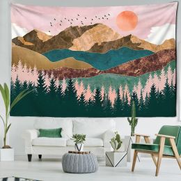 Pink Sunset Scenery Tapestry Wall Hanging Landscape Painting Bohemian Mysterious Art Living Room Bedroom Home Decor