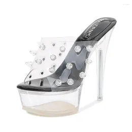 Sandals European And American Nightclub Car Model Catwalk Transparent Rivet Crystal Heel Platform High Slippers