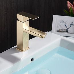 Nekjcag Brushed Gold Bathroom Basin Faucet Single Lever Bathroom Vessel Sink Faucet Hot Cold Mixer Tap Deck Mounted