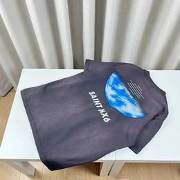 Men's T-Shirts New Style Hip Hop Streetwear Oversized Saint Michael T-Shirt Cartoon Anime Earth Print T Shirt Vintage Washed Black Tee Top J240409