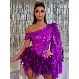 Casual Dresses Women Luxury Dress Sexy One Shoulder Long Sleeve Sequins Purple Feather Mini Evening Club Party Stage Performance Costume