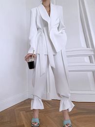 TARUXY Lace Up Slim Blazer Women Suit Set Autumn White High Waist Fashion Pants Street Casual Office Pant 2 Piece Sets Outfits 240329