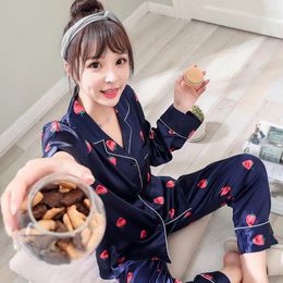 Home Clothing Autumn Sleepwear Strawberry Print Silk Top Long Pants 2 Piece Sets Women Pajamas Set Fashion Comfortable Soft Pijama Mujer