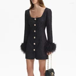 Casual Dresses Autumn And Winter Women Classic Black Rhinestones Decorated Button Long Sleeve Square Neck Mini Dress