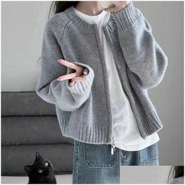 Womens Sweaters Korean Women Grey Knitted Cardigan Sweet Zipup Cropped Vintage Casual Knitwear Coat Winter Long Sleeve Jumpers Jacket Dhi6H