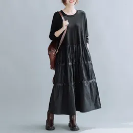 Casual Dresses #6839 Black Long Sleeve T Shirt Dress Women Split Joint Midi Female Round Neck Loose A-line Side Pockets Spring Autumn