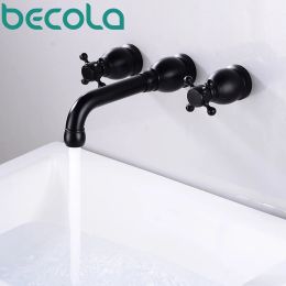 Becola Basin Set 3 Hole Antique/Black Brass Double Cross Handle Wall Mounted Bathroom Sink Faucet Hot Cold Tap In-Wall