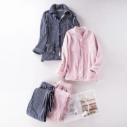 Home Clothing Couples Thicknen Striped Flannel Pajamas Women Men Sleepwear 2PCS Female Autumn Winter Nightwear Male