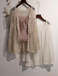 Women039s Blouses Shirts Hollow Out Kimono Cardigan Summer Long Sleeve Knitted Women Boho Beach Beige White Top Korean StyleW4352809