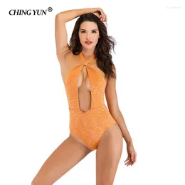 Women's Swimwear CHINGYUN Bandeau Swimear2024 One Piece Suits Sexy Bodysuit Swimsuit Bandage Halter Bathing Suit Solid Orange Suits18082