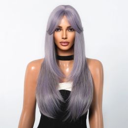 HAIRCUBE Purple Grey Layered Long Synthetic Wigs for Black Women with Bangs Wigs Cosplay Daily Silky Wigs Heat Resistant Fiber