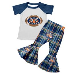Summer Boutique Kids Girls Clothing Sets Short Sleeve Football Team Printing Top Plaid Flared Pants Toddler Outfits