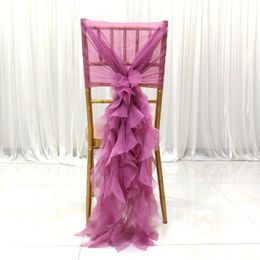 1pc Romantic Sheer Bow Long Chair Sash Fishtail Cutting Elegant Chair Cover With Ruffles Wedding Decor Milk Yarn Layered Trim
