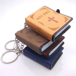 1PC Mini Holy Bible Keychain Real Paper Can Read Religious Christian Cross Keyrings Holder Car Key Chains Leather Jewellery Gift