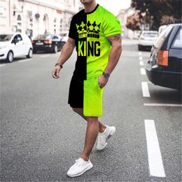 mens round neck short sleeved Tshirt and shorts set 3D smiling face letter patchwork fashionable casual basketball sportswear 240409