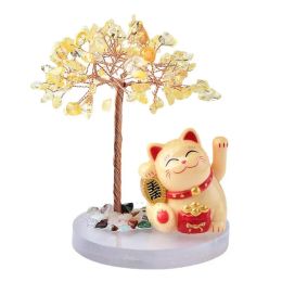 Solar Energy Shake Hands Lucky Cat Base Fate Tree Natural Crystal Crushed Stone Life Tree Handwoven Decoration