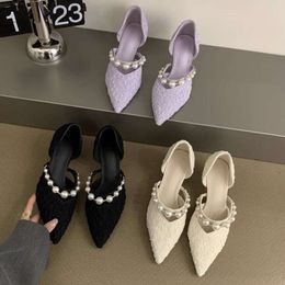 Summer Elegant Pleated Pointed Toe Fine Temperament Sandals Spring New Back Baotou Heel Single Shoes Fashion Pearls