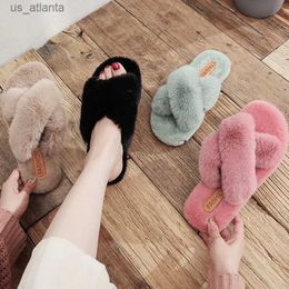 Slippers Warm Fluffy Women Fashion Cosy Faux Fur Cross Indoor Floor Slides Flat Soft Furry Ladies Female Celebrities Flip Flops H240409