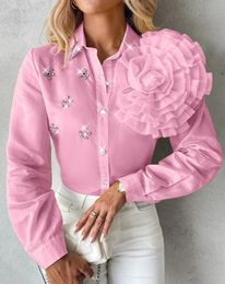 Womens Shirt Autumnwinter Fashion Versatile Polo Rose Detail Rhinestone Turn Down Collar Top Temperament Commuting 240329