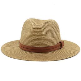54575960CM Natural Panama Soft Straw Hat with Brown Belt Summer Women Men Wide Brim Beach Sun Cap UV Protection Fedora Hat240409