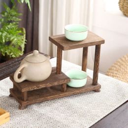 Chinese Tea Cup Organizer Solid Wood Shelf Mini Ceremony Tray Purple Sand Pot Desktop Stand