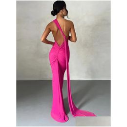 Urban Sexy Dresses Mozision Oblique Shoder Backless Maxi Dress For Women Gown Summer Back Strap Sleeveless Ruched Party Y Long Vestido Dhqsh