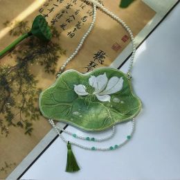Hanfu Bag Chinese Lotus Leaf Double-sided Embroidery Small Handbag Bag Ethnic Tassel Pearl Accessories Hanfu Carrying Bag