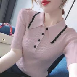 Womens Summer Ice Silk Short Sleeve Tshirt Spliced Polo Neck Button Solid Color Slim Pullover Knitted Undershirt Tops 240409